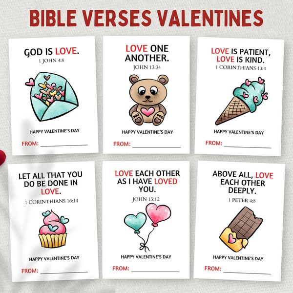 Printable Christian Valentines, Scripture Notes, Bible Verse Cards, Kids Classroom Valentines Exchange Cards, Faith Tags, Sunday School, DIY