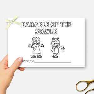 Parabole du semeur, mini livre biblique imprimable, travaux manuels de l'école du dimanche, livre de coloriage leçon biblique pour enfants, activité d'histoire de la Bible d'une demi-page