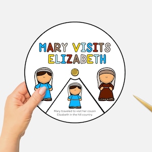 Può includere: Illustrazione circolare con la scritta «MARY VISITS ELIZABETH». Raffigura tre personaggi dei cartoni animati e la scritta «Maria è andata a trovare sua cugina Elisabetta in campagna». Una mano tiene l'illustrazione.
