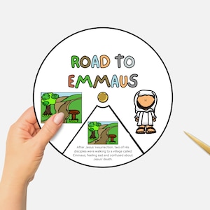 May include: A printable craft activity for children featuring a circle with the words "Road to Emmaus" in colourful letters. The circle is divided into three sections, each with a different image: a tree and a path, a tree and a path, and a person in a white robe. The text below the circle reads: "After Jesus' resurrection, two of His disciples were walking to a village called Emmaus, feeling sad and confused about Jesus' death."