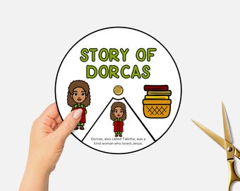 May include: A circular illustration with the text "STORY OF DORCAS" in green. The image depicts three sections with cartoon figures and objects. A hand holds the illustration, and gold scissors are in the background.