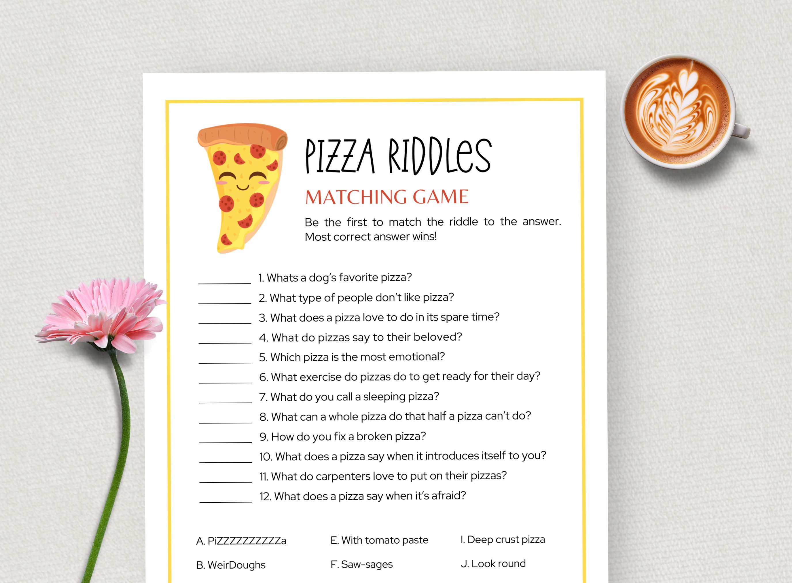 Printable Pizza Riddles, Pizza Birthday Party Game, Icebreaker, Slumber
