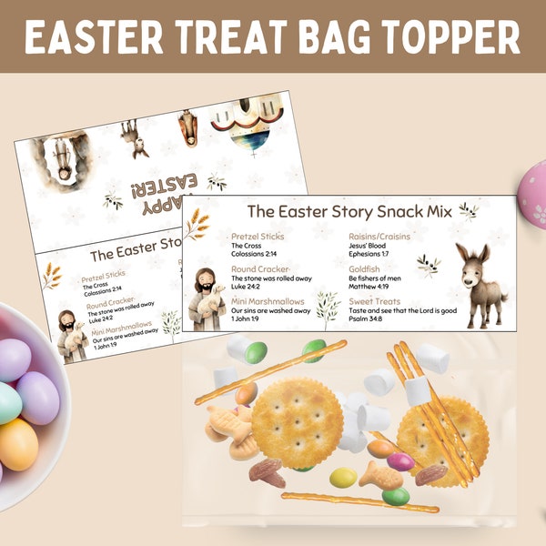 De Easter Story Snack Mix, Afdrukbare Treat Bag Topper, Easter Basket Filler voor kinderen, Bijbelteksten, Zondagsschool, Paasgunsten Cadeau