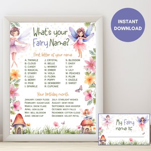 What is your Fairy Name, Fairy Birthday Game, Forest Party Activity, Tea Party, Floral Fairy Theme Printable with Name Tags and Sign