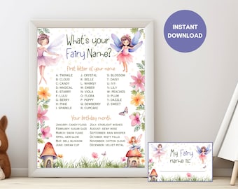 What is your Fairy Name, Fairy Birthday Game, Forest Party Activity, Tea Party, Floral Fairy Theme Printable with Name Tags and Sign