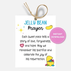 Jelly Bean-gebed, christelijk paaslabel, afdrukbare paasgebedskaart, religieuze zondagsschool cadeaulabel, opstandingslabel, cadeau kerkpersoneel