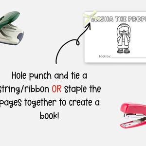 May include: A black and white illustration of Elisha the Prophet on a white background. The image is part of a printable book. The text "Elisha the Prophet" is at the top of the page. The text "Book by:" is at the bottom of the page. The image also shows a hole punch, a stapler, and instructions to "Hole punch and tie a string/ribbon OR staple the pages together to create a book!"