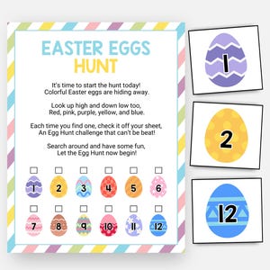 May include: An Easter egg hunt game with the text "EASTER EGGS HUNT". The game features a checklist of numbered eggs and matching egg cards. The eggs are in various colours, including red, pink, purple, yellow, and blue.