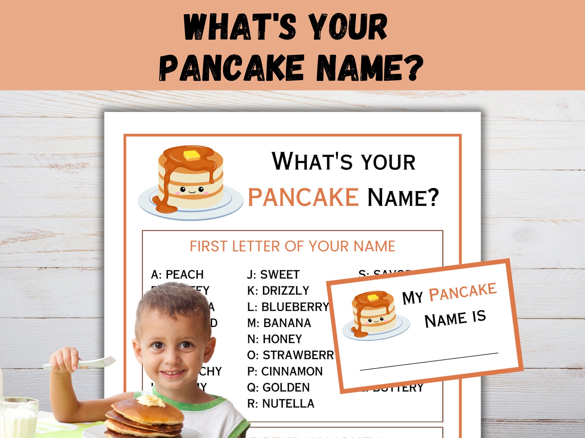 Whats Your Pancake Name, Birthday Party Game, Name Sign & Tags, Icebreaker, Slumber Party Game