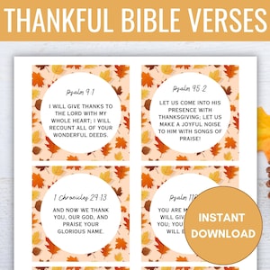 Dankbar Bibelvers Druckbare Karten, 12 Danksagungs Schriftkarten, Dankbar Bibelvers Kartenset, Thanksgiving Tischkarten