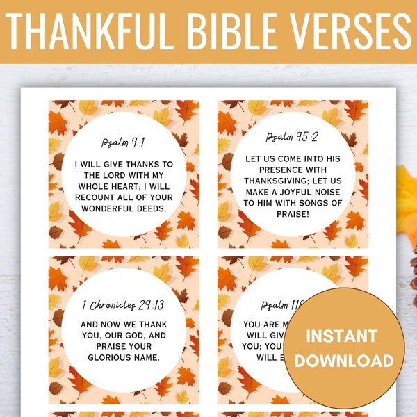 Thankful Bible Verse Printable Cards, 12 Thanksgiving Scripture Cards, Thankful Bible Verse Card Set, Thanksgiving Place Cards