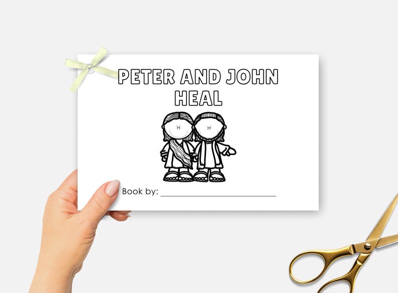 May include: A white card with the text "PETER AND JOHN HEAL" and an illustration of two figures. The card is held by a hand and has a light green bow. Gold scissors are in the bottom right corner.