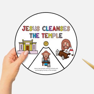 Jesus Cleanses the Temple, Printable Bible Coloring Wheel, Sunday School, Holy Monday Easter Craft, Christian Bible Story Spinning Wheel
