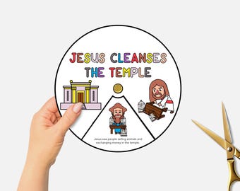 Jesus Cleanses the Temple, Printable Bible Coloring Wheel, Sunday School, Holy Monday Easter Craft, Christian Bible Story Spinning Wheel