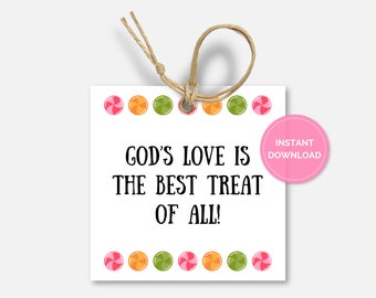 Christliche Halloween druckbare Tags, quadratische religiöse Bibel Leckerli Tags, Kirche Ernte Karneval, Gottes Liebe, Stamm oder Leckerei, Süßigkeit Favor Tag