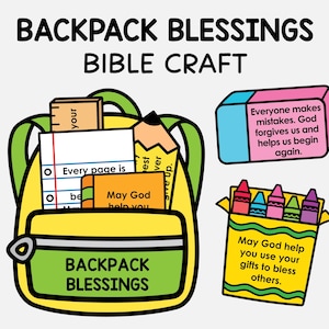 Puede incluir: Una mochila amarilla con correas verdes y un bolsillo frontal verde con la etiqueta BACKPACK BLESSINGS. Contiene una regla, un lápiz y papeles con texto. Al lado hay un borrador rosa y azul y una caja amarilla de crayones con texto impreso.