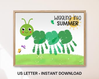 Summer Handprint Art, Easy Caterpillar Handprint Craft, Toddler Baby Keepsake, June July August Kindergarten Daycare Printable Activity