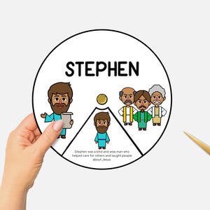 May include: A circular illustration featuring the name "STEPHEN" and cartoon figures. The image is held by a hand, with gold scissors in the lower right corner. Text is also included.