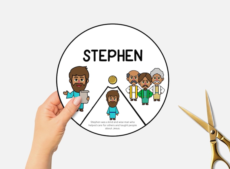 May include: A circular illustration with the name "STEPHEN" at the top. The image is divided into sections with cartoon figures and text. Gold scissors are in the lower right corner.