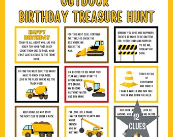 May include: A colorful printable treasure hunt game for a birthday party. The game features construction vehicles and the text "Outdoor Birthday Treasure Hunt".