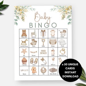 Bingo neutro para baby shower, juego para baby shower, 50 tarjetas de bingo minimalistas bohemias con acuarela, fiesta de baby shower, revelación de género, juego de bingo para bebés