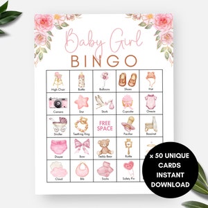 Bingo pour bébé fille, bingo pour baby shower, 50 cartes de bingo à fleurs roses aquarelles, fête de baby shower, sexe révélateur, jeu de bingo pour bébé