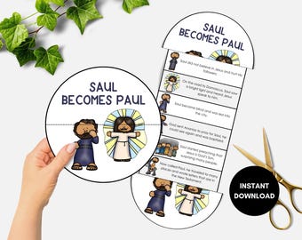 Saul blir Paulus, utskrivbart vikbart överraskningsbibelpyssel, Sauls omvändelse till Paulus, bibelstudier för barn, söndagsskolelektion, VBS-aktivitet