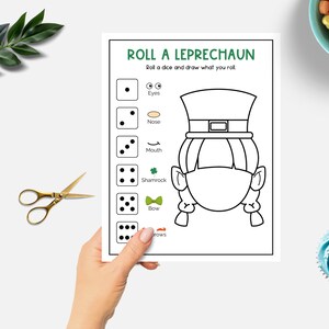 May include: A printable game for kids to color in a leprechaun. The game includes a die and instructions to roll the die and draw the corresponding body part on the leprechaun.