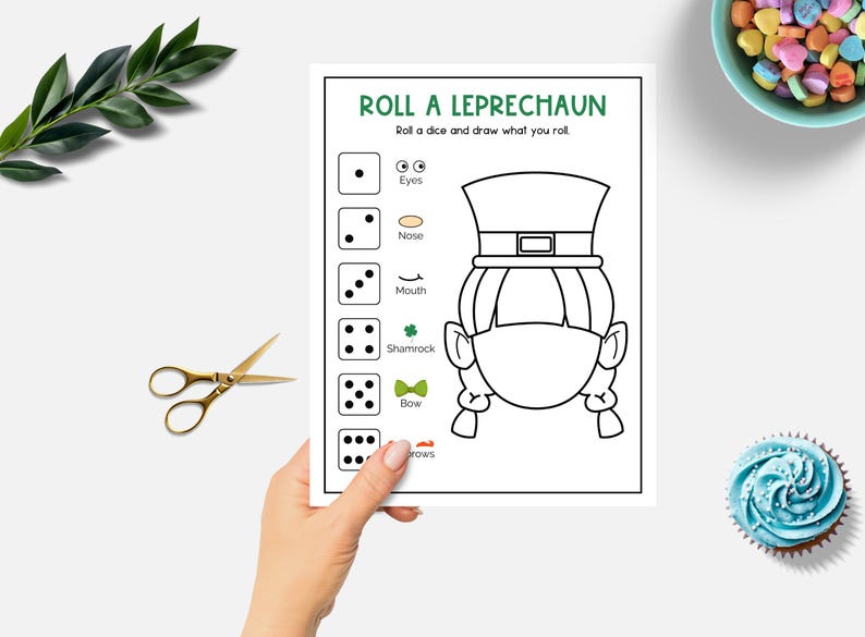 May include: A printable game for kids to color in a leprechaun. The game includes a die and instructions to roll the die and draw the corresponding body part on the leprechaun.