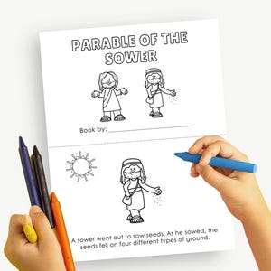 May include: A coloring book titled "Parable of the Sower" with black and white illustrations. The book is open, and a child's hands are holding crayons and a blue crayon, ready to color the drawings.