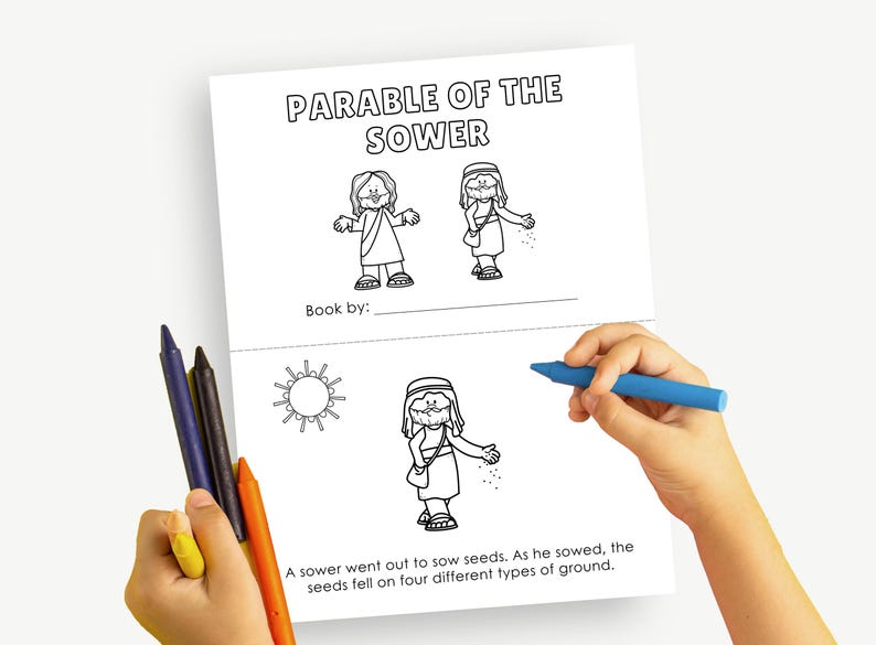 May include: A coloring book titled "Parable of the Sower" with black and white illustrations. The book is open, and a child's hands are holding crayons and a blue crayon, ready to color the drawings.