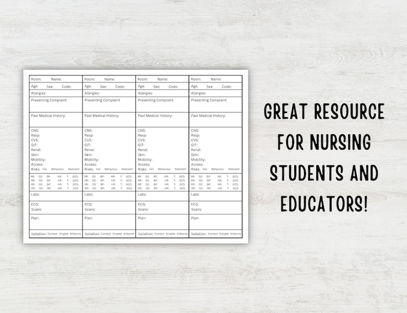 May include: A black and white printable chart for nursing students and educators. The chart is divided into sections for patient information, including room number, name, age, sex, code, allergies, presenting complaint, past medical history, labs, ECG, scans, and plan. The chart also includes sections for isolation, contact, droplet, and airborne precautions.