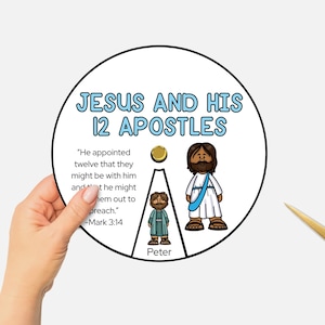 Jesus and His 12 Apostles, Printable Bible Coloring Wheel, The Twelve Disciples Sunday School Craft, Kids Bible Study Spinning Wheel