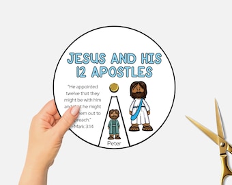 Jesus and His 12 Apostles, Printable Bible Coloring Wheel, The Twelve Disciples Sunday School Craft, Kids Bible Study Spinning Wheel