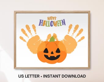 Halloween Pumpkin Handprint Art, Easy Halloween Craft, Toddler Baby Keepsake, October Daycare Printable, DIY Preschool Pre K Fall Activity