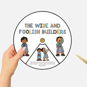 Parábola de los constructores sabios e insensatos, Rueda para colorear bíblica imprimible, Manualidad para la escuela dominical infantil, Rueda giratoria, Educación cristiana en casa