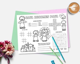 May include: Black and white printable worksheet with the title "Saul Becomes Paul". The worksheet includes a word search, word scramble, tic-tac-toe game, and a maze. The worksheet is designed for children to learn about the biblical story of Saul's conversion to Paul.