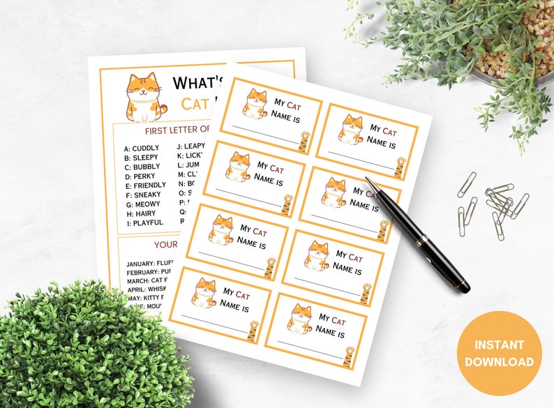 May include: Printable game cards featuring a cartoon cat with the text "What's My Cat's Name?" and a list of cat-related words. The cards are designed for a game where players guess the name of a cat based on its personality traits.