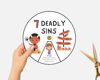 Seven Deadly Sins, Printable Bible Coloring Wheel, Sunday School Craft, Christian Kids Bible Study, Catholic Lesson Spinning Wheel