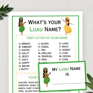 ¿Cuál es tu nombre Luau?, Juego de fiesta Luau para niños y adultos, Actividad de verano, Juego de playa, Juego hawaiano, Descarga digital