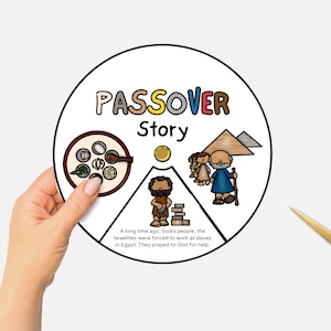 May include: A colorful wheel with the word "PASSOVER Story" in the center. The wheel is divided into three sections, each with an illustration related to the Passover story: a plate of matzah, a man building a pyramid, and a man with a staff standing in front of a pyramid.