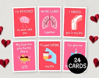 Medical Valentines, 24 Printable Nurse Valentine Gift Tags, Funny Healthcare Valentine Cards for Doctor, RN, Student, Employee, Coworker