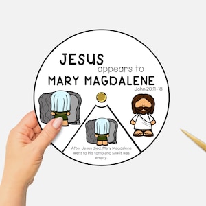 Könnte beinhalten: Eine kreisförmige Illustration, die die Geschichte von Jesus, der Maria Magdalena erscheint, darstellt, mit Text aus Johannes 20:11-18. Das Bild enthält Cartoonfiguren und den Text "Nachdem Jesus gestorben war, ging Maria Magdalena zu seinem Grab und sah, dass es leer war."