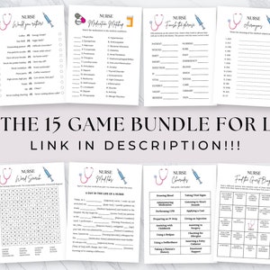 May include: A set of 10 printable nurse-themed games for a bridal shower or party. The games include a word search, a medication matching game, a finish the phrase game, a medical abbreviations game, a nurse charades game, and a find the guest bingo game. The games are all designed with a cute and playful nurse theme.