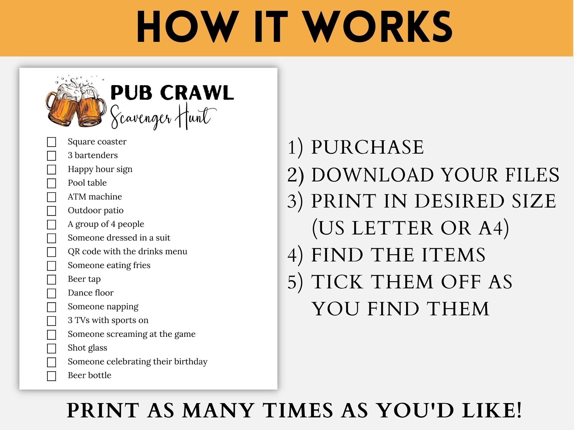 Bar Crawl Scavenger Hunt, Pub Crawl Scavenger Hunt, Pub Crawl Game, Bar
