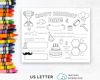 May include: A printable coloring page for a father's birthday. The page features a birthday cake, a trophy, a baseball, a hammer, a star, a hat, a rocket, a mustache, and a honeycomb. The text on the page reads "Happy Birthday Dad!" and "3 Reasons Why I Love My Dad".