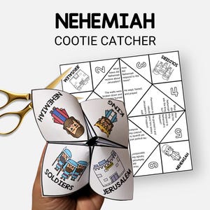 May include: A white paper "Nehemiah Cootie Catcher" game with illustrations of soldiers, Jerusalem, and Nehemiah. Gold scissors are positioned near the game. The game includes text and illustrations for a fun activity.