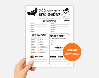 Boo Buddy Survey Questionnaire, Halloween Gift Exchange Game, Get To Know You, You've Been Booed Work Games, Favorite Things List Printable