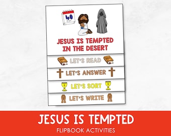 Pode incluir: Uma folha de atividades de flipbook colorida com o texto "JESUS É TENTADO NO DESERTO". Inclui ilustrações de Jesus, um calendário, uma figura encapuzada, livros, cruzes, cálices e mãos. A faixa inferior diz "ATIVIDADES DE FLIPBOOK JESUS É TENTADO."