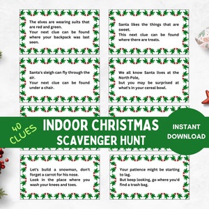 Jogo de caça ao tesouro de Natal para impressão em ambientes internos, caça ao tesouro divertida, cartões de caça ao tesouro de Natal, jogos de férias para crianças, download digital